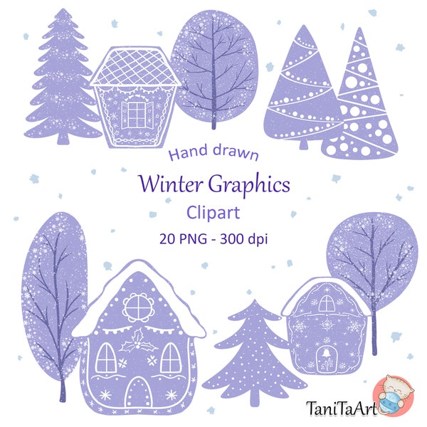 Snowy Winter Trees Clipart, Winter Houses Clip Art, Christmas Trees Images, Winter Graphics, Hand Drawn Christmas, Holiday Art PNG