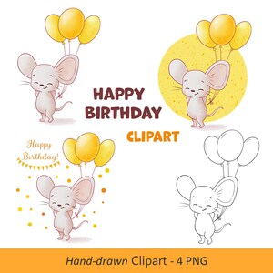 Gelukkige verjaardag muis clipart, schattige handgetekende cartoon afbeelding met ballonnen, groet png, digitale stempel, doe-het-zelfkaarten en ambachten