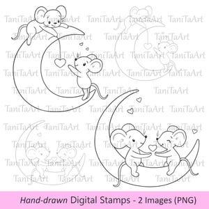 Sellos digitales de ratones de San Valentín, clipart de un ratón adorable en la luna, arte lineal de amor kawaii, PNG dibujado a mano para tarjetas y páginas para colorear.