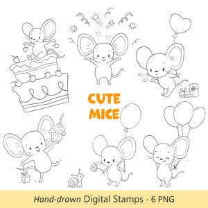Verjaardag muizen clipart, schattige kawaii handgetekende digitale postzegels, png's met cake, ballonnen, cadeaus, DIY-feestje en kaarten