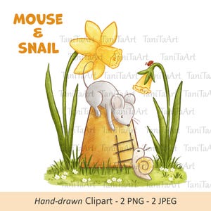 Niedliche Maus Clipart, handgezeichneter Frühling PNG, Kawaii Maus und Schnecke Kunst, Kinder Basteln, Grußkarten, Kinderzimmer Wanddekoration