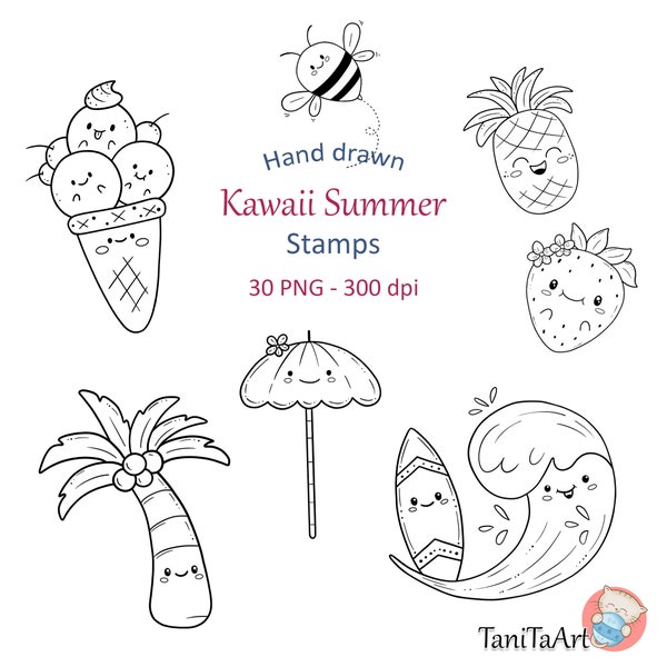 Hand Drawn Digital Stamps, Cute Summer Clipart, Kawaii Doodles Clip Art, Kids Summer Images, Commercial Use PNG, Summer Season Graphics