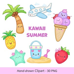 Pacote de clipart fofo de verão, PNG kawaii desenhado à mão, praia, frutas, insetos e gráficos de animais para artesanato infantil, cartões e diário