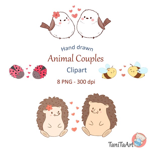 Cute Animal Couples Clipart, Hand Drawn Animals Clip Art, Kawaii Animals Images, Cartoon Animals Digital Download, Commercial Use PNG