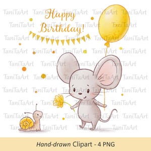 Clipart mignon joyeux anniversaire, Illustration de souris kawaii, image de dessin animé dessiné à la main, art pour enfants bébé, graphiques PNG imprimables, travaux manuels créatifs