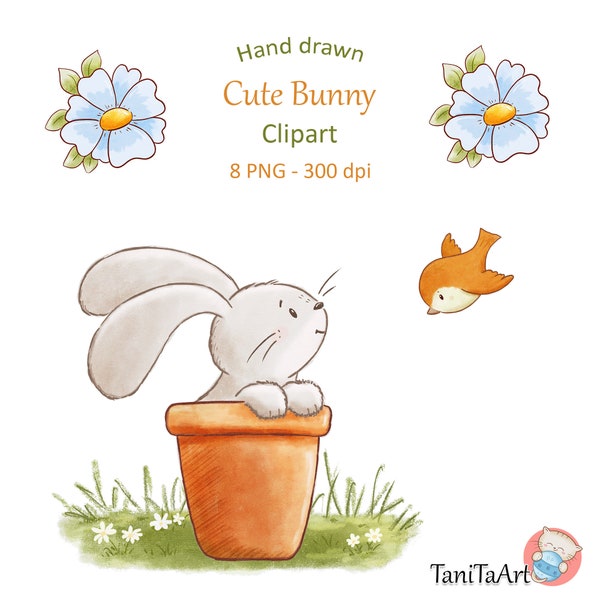 Spring Summer Clipart, Cute Bunny Illustration, Hand Drawn Images, Butterfly, Bird, Ladybug, Flowers Graphics, Commercial Use PNG