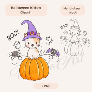 Halloween Kitten Clipart PNG, Cute Hand-Drawn Cat on Pumpkin, Line Art & Color Version, Kids DIY Cards, Crafts, Stickers and Wall Art