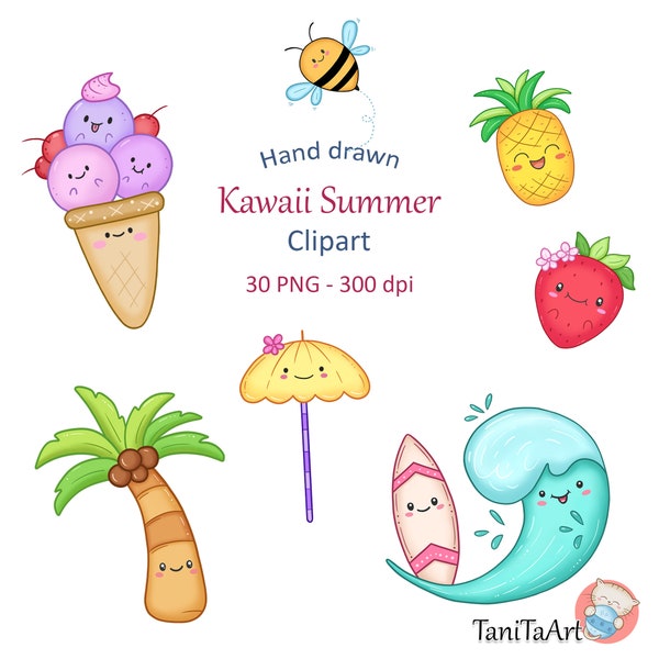 Hand Drawn Summer Clipart, Cute Kids Clip Art, Kawaii Summer Graphics Images, Funny Children Art, Commercial Use PNG, Cartoon Images