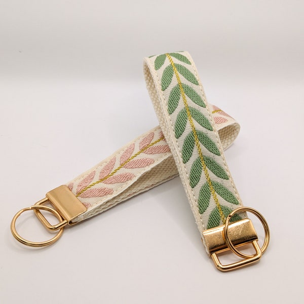 Customizable keychain wristlet | Fabric Key Fobs | Embroidery leaves & golden vine | Handmade