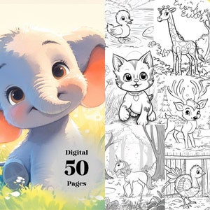 以下が含まれることがあります： かわいい動物のイラストが描かれた、50ページのデジタル塗り絵。表紙には、大きな目とピンクの頬をした赤ちゃん象が描かれています。