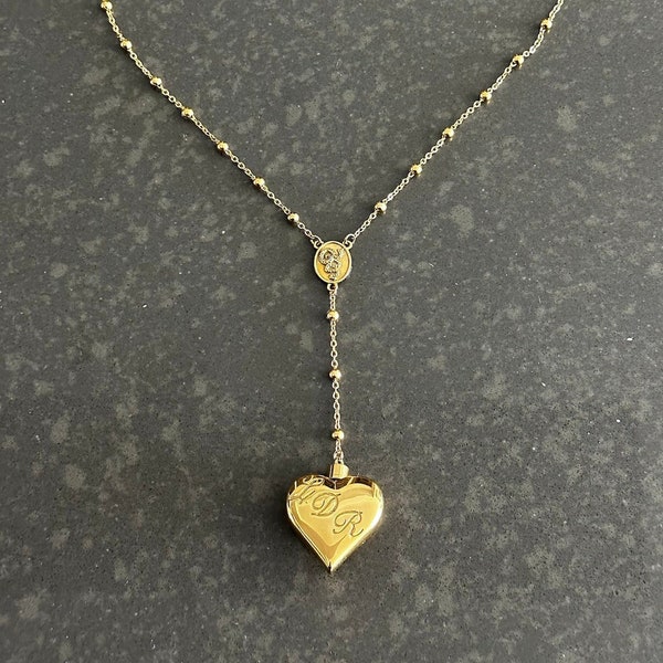 Gold Del Ray Lana style Heart Rosary Necklace - Stainless Steel Construction - Ships from USA