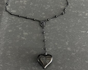 Black Del Ray Lana style Heart Rosary Necklace - Stainless Steel Construction - Ships from USA