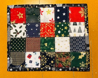 Fabric coaster, patchwork mug coaster, Christmas patchwork checkerboard 4x5 tiles, quilted mug rug, Christmas mug rug, handmade gift,
