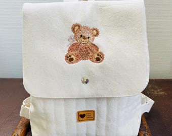 Kinderrucksack, ecrufarbener Jeansrucksack, kleiner Rucksack, Kindergartenrucksack, Babyrucksack, bestickter Rucksack, Teddybärstickerei