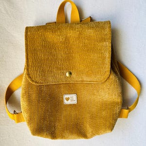 children's backpack, corduroy backpack, small backpack, nursery bag, baby backpack, backpack, mustard velvet, embroidered bag