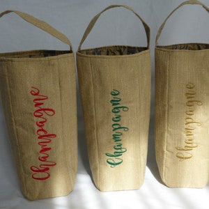 Bottle bag, embroidered Champagne bottle holder, bottle holder, wine bag, fabric bottle holder, reusable bottle holder, bag