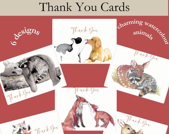 Thank You Cards, set of 6 with envelopes, blank inside, animals, original watercolour paintings, 4.25 x 5.5"