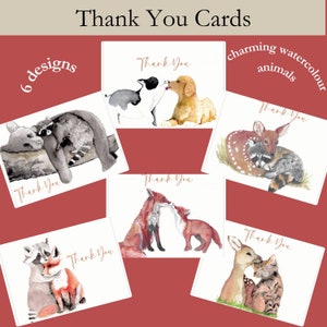 Thank You Cards, set of 6 with envelopes, blank inside,  gift for grandma, gift for mom, animals, original watercolour paintings