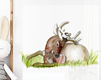 Deer art, Buck and Fawn, nursery decor,  gift for baby, gift for child, kid's room decor, deer art, woodland animal  print