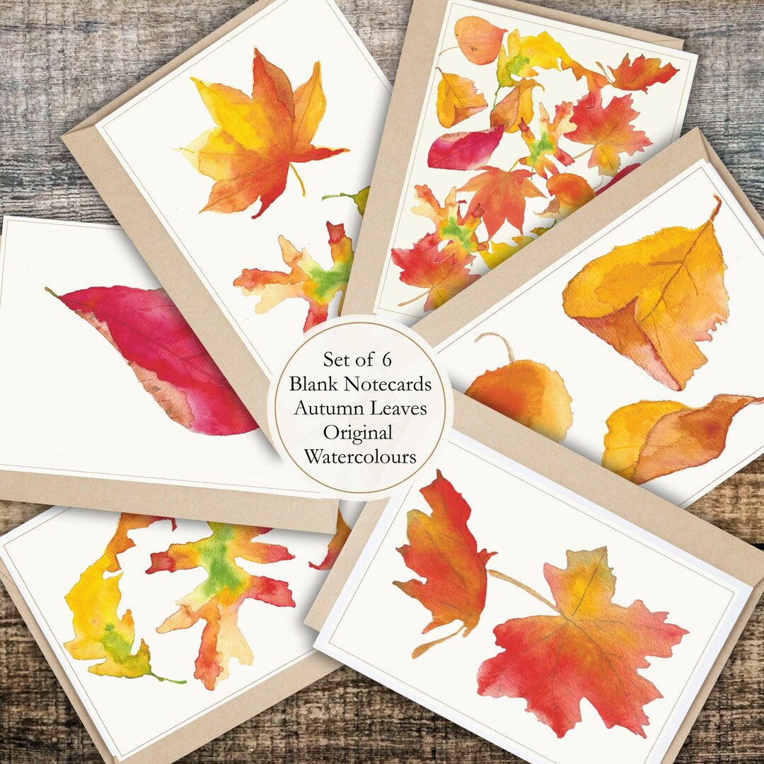 Set of 6 Blank Cards With Autumn Leaves | Watercolour Fall Greeting ...