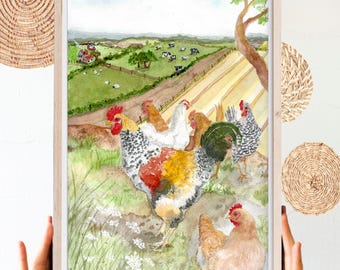 May include: A framed watercolour painting depicting a farm scene. The foreground features several chickens, including a colourful rooster. The background shows a green field, trees, and a farmhouse. The artwork is framed in a light wood frame, suitable for a country-style interior.