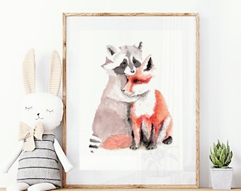 nursery decor, kid's room decor, racoon, fox, whimsical animal art, Animal art print, woodland, friends