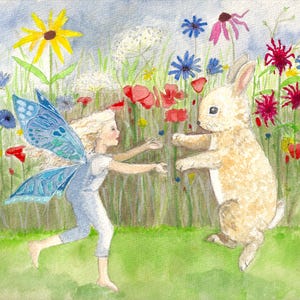 Fairy painting, fairy art, Fairy and Bunny print, gift for baby, gift for child, cottagecore art, nursery art, girls room art