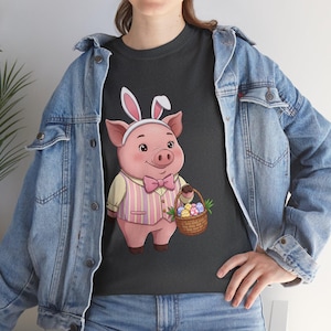 Bonita camiseta unisex de algodón grueso con diseño de cerdo de Pascua, divertida camiseta de primavera, regalo para niños y adultos, ropa para celebrar la Pascua, adorable camiseta de animal.
