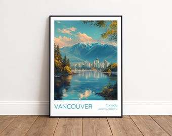 Vancouver Travel Poster, Canada Wall Art, City Skyline Print, Mountains Harbour
