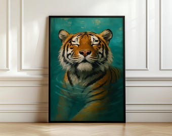 Tiger Wall Art Digital Print, Animal Lover Gift, Majestic Tiger in Water, Boho Homely Decor, Artful Tiger, Tiger Poster, Jungle Art