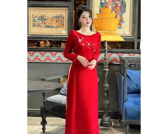 Red Velvet Áo Dài Dress: Draped Shoulder Vietnamese Traditional Dress
