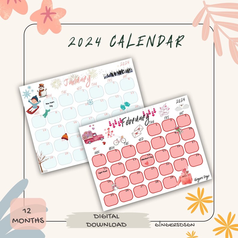 12 month printable calendar pages calendar planner pdf etsy