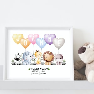 Animal Safari Balloon Personalized Name Print, New Baby Gift Nursery Decor, Welcome Baby Print Baptism Gift