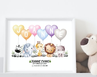 Animal Safari Balloon Personalized Name Print, New Baby Gift Nursery Decor, Welcome Baby Print Baptism Gift