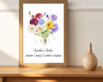 Personalized Mother's Day Gift, Family Birth Flower Bouquet, Grandma's Garden, Digital Print