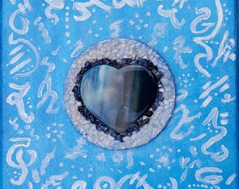 Divine Power Connection - Acrylic painting with Large Agate Heart and Sodalite/Opalite Crystals - Light Language