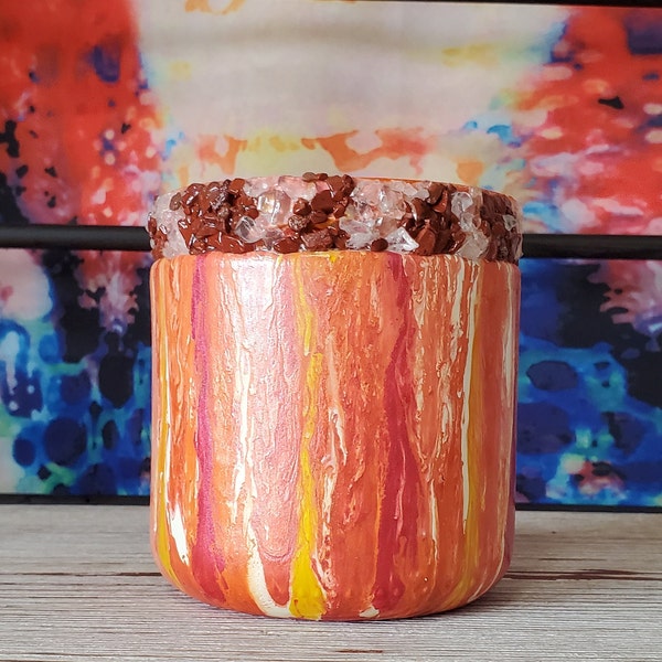 Candle Holder - Upcycled Jar paint pour with red, orange, yellow, and white; bloodstone and clear quartz crystals added