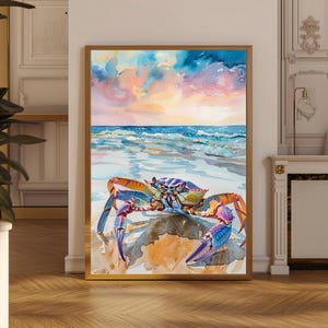 カニのウォールアート、ヴィンテージの海辺のカニの印刷可能なカラフルなカニのポスター、航海漁師スタイルのプリント、海の動物のキッチン装飾
