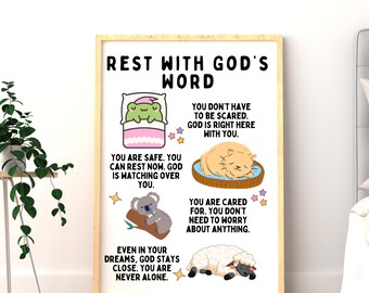 Kids Sleep Bedtime Poster, Bible Verse Nighttime Wall Art, Read & Relax Printable, Kids Mindful Sleep Affirmations for Calm Christian Nights