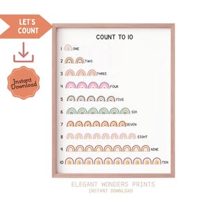 Numbers Rainbow Poster, 1-10 Chart Print, Educational Kids Animal Learning To Count, Kids Wall Art,  Toddler Learning nursery Printable
