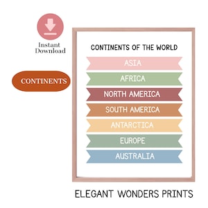 Continents of the world poster, educational Montessori printable for kids, 7 continent names printable, geography homeschool decor, toddler