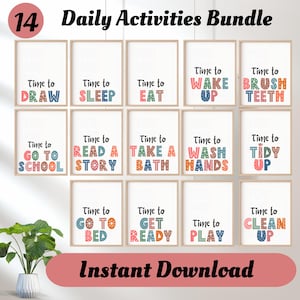 Arte mural de rutina diaria para niños, horario visual imprimible para niños pequeños, pósteres de actividad, tablas de rutinas para la mañana y la hora de dormir, Montessori