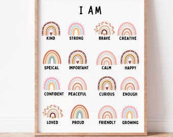 Affirmations for Kids, I Am Positive Affirmations Wall Art, Classroom Poster, Playroom Poster, Homeschool Decor, I Am kind brave nursery art
