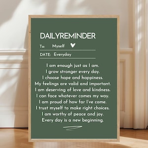 Daily Reminder Art, Sage Green Trendy College Wall Art, Motivational Mental Health Positive Prints, Dorm Room Noted to Self Print
