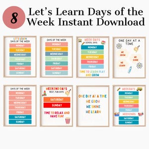 Póster de los días de la semana, pósteres Montessori para el aula, póster educativo para niños pequeños, póster de fin de semana y días laborables.