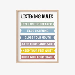 Póster de reglas de escucha, arte mural educativo para la escucha tranquila y activa de niños en edad preescolar, decoración escolar para la educación en casa.