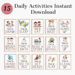 Arte mural de rutina diaria para niños, horario visual imprimible para niños pequeños, pósteres de actividades, tablas de actividades para la mañana y la hora de dormir, Montessori