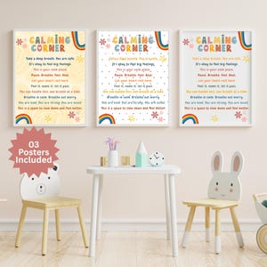 Kalmerende kunst aan de muur hoek, kalmerende schoolkunst, poster geestelijke gezondheid bewustzijn kinderen, klasgevoelens kunst, groeimindset schooldecor