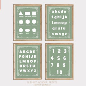 Alphabet Print for Nursery Sad Green Shapes 1-10 printable for Kids Room, ABC Chart Educational Poster for Classroom Decor for Boys Room