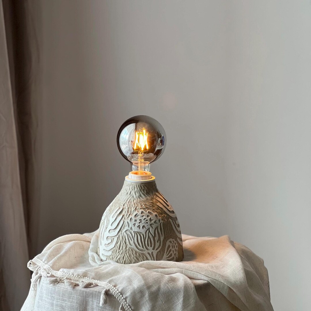 Handmade Ceramic Table Lamp: Sgraffito Botanical Relief, Matte Clay - Etsy